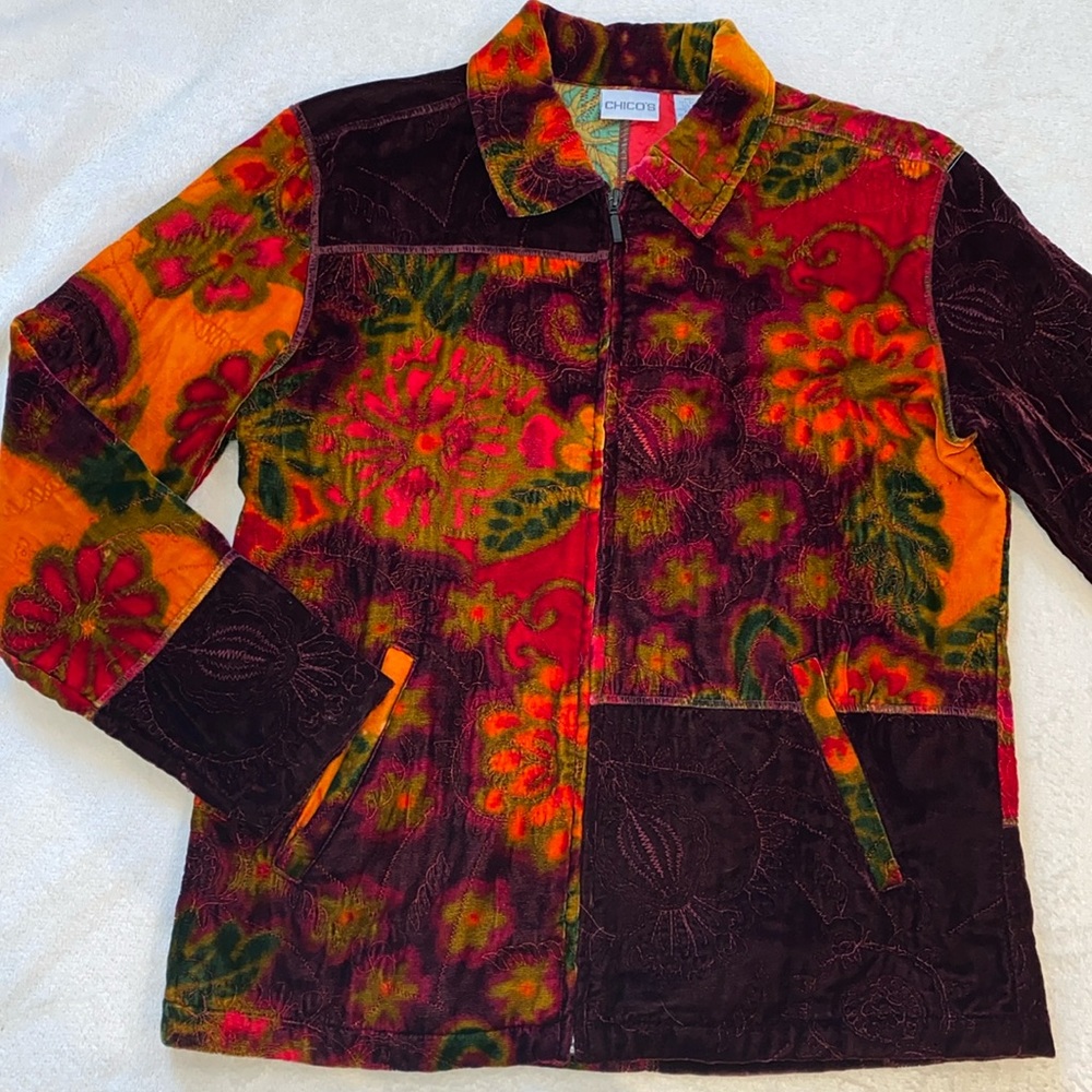 Chicos silk/rayon velvet colorful orange purple red patchwork jacket Sz 1